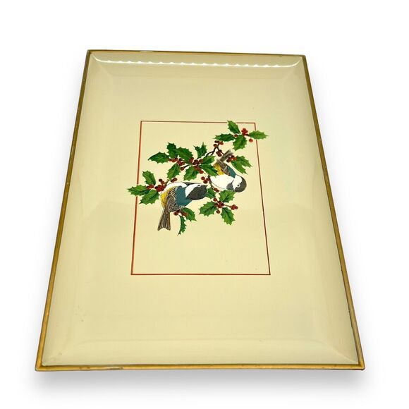 Vintage Otagiri Japan Lacquerware Tray Chickadees on Holly Christmas Bird 8.5x6” - Picture 7 of 12